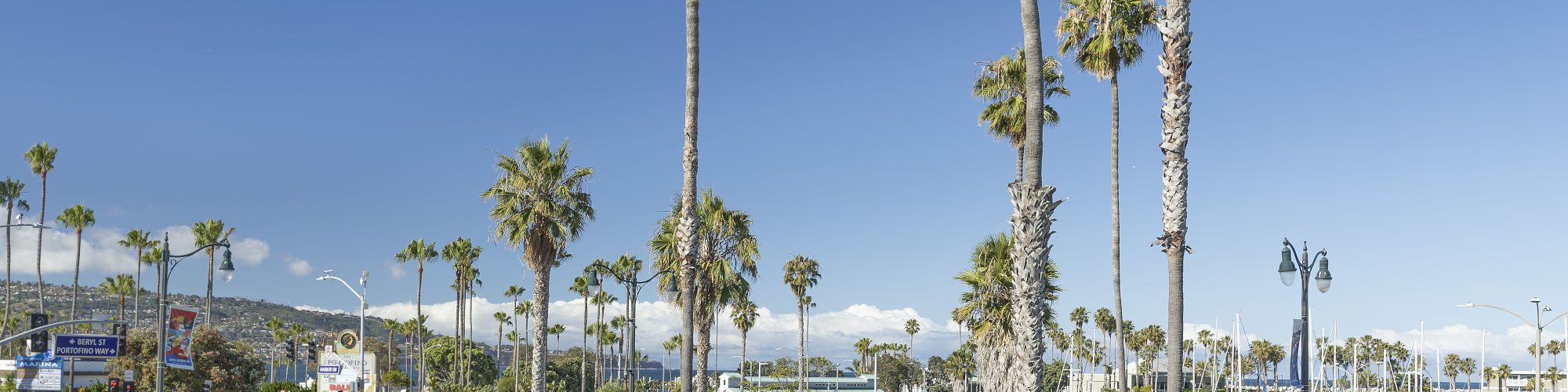 Palm trees sway beside a marina and road as a sign reads &ldquo;The Redondo Beach Hotel&rdquo; under a clear blue sky.