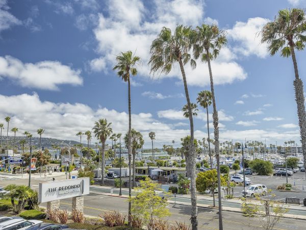 Palm-lined coastal marina with yachts and cars, blue sky, and the &ldquo;The Redondo Beach Hotel&rdquo; sign in view.