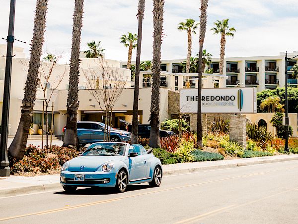 A roadside view of tall palm trees and a sign reading &ldquo;The Redondo Beach Hotel&rdquo; beside parked cars.