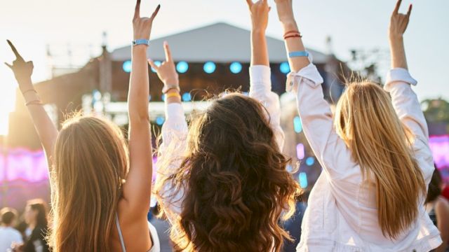 Five people at a concert with their hands in the air, cheering as a stage lights up in the background.