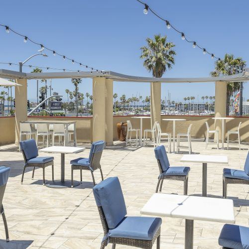Sunny outdoor patio with blue-cushioned lounge chairs and tables under string lights, overlooking palms and a marina.